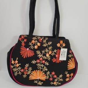 Parsley & Sage Felted Black Embroidered Flower Shoulder Bag